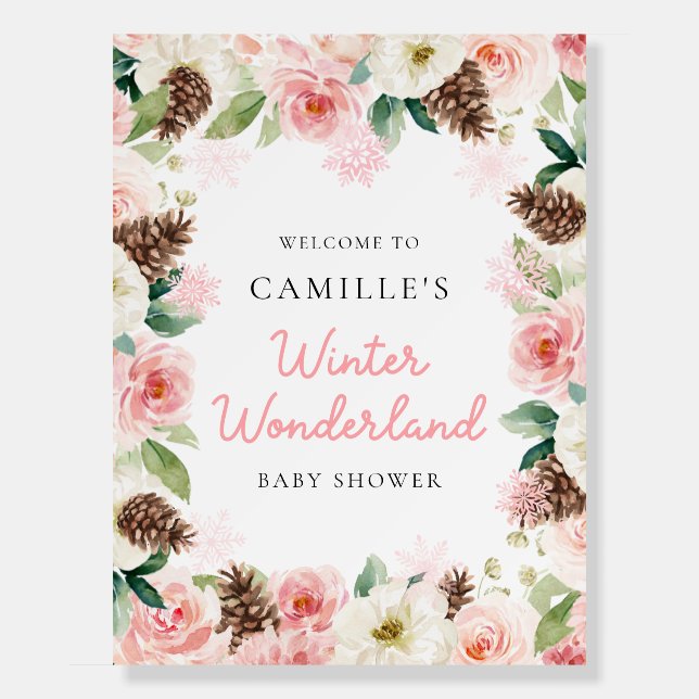 Pink Snowflake Winter Baby Shower Welcome Sign (Front)
