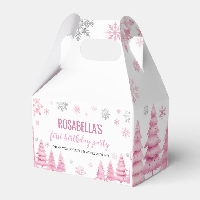 Pink Snowflake Winter Birthday Party Favor Box (Front Side)