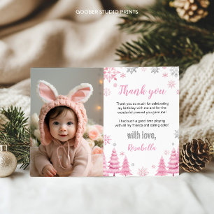 Pink Snowflake Winter Birthday Photo Thank You Card