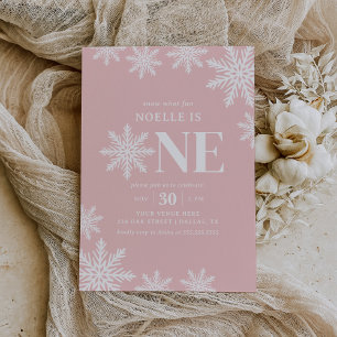 Pink Snowflake Winter Girl 1st Birthday Invitation