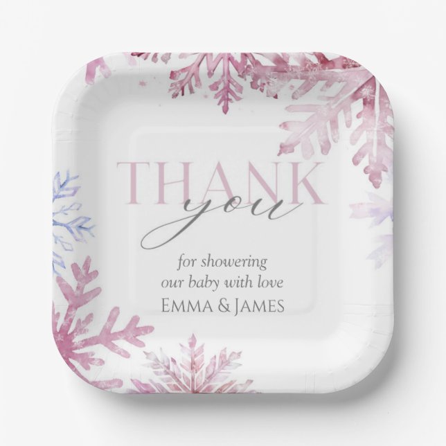 Pink Snowflake Winter Holiday Paper Plates (Front)