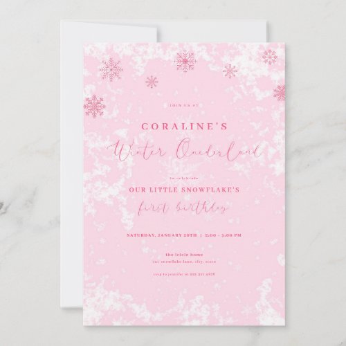 Pink Snowflake Winter Onederland Birthday Invite