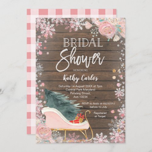 Pink Snowflake Winter Rustic Bridal Shower Invitation