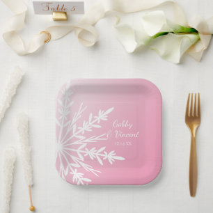 Pink Snowflake Winter Wedding Paper Plates