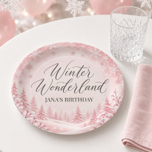 Pink Snowflake Winter Wonderland Birthday Paper Plates