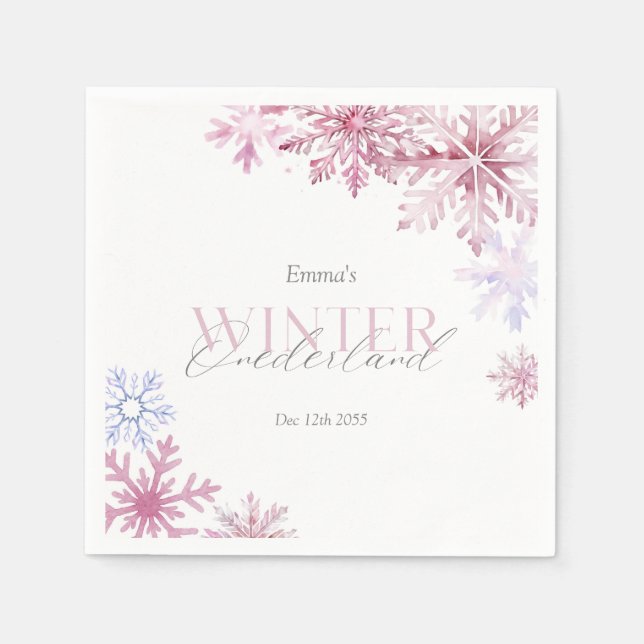 Pink Snowflake Winter Wonderland First Birthday  Napkins (Front)
