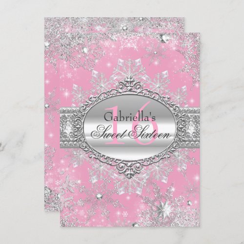 Pink Snowflake Winter Wonderland Sweet 16 Invite