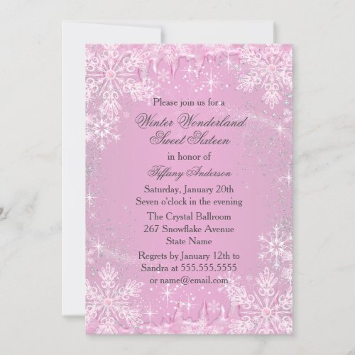 Pink Snowflake Winter Wonderland Sweet 16 Invite