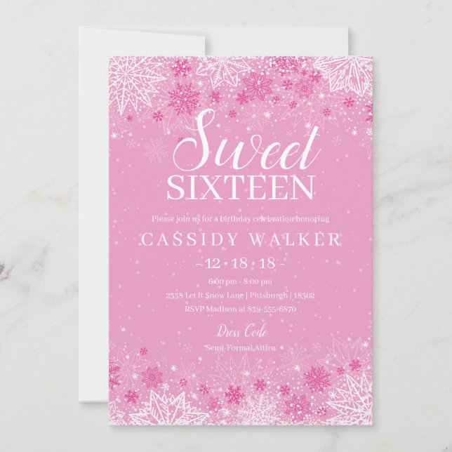 Pink Snowflake Winter Wonderland Sweet Sixteen Invitation (Front)