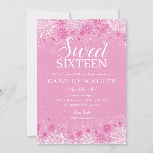 Pink Snowflake Winter Wonderland Sweet Sixteen Invitation