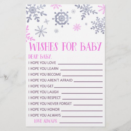 Pink Snowflake Wishes For Baby Shower Activity  Stationery