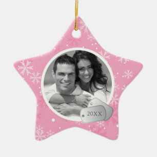 Pink Snowflakes and Dog Tags Photo Ceramic Ornament