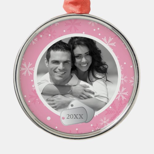 Pink Snowflakes and Dog Tags Photo Metal Ornament