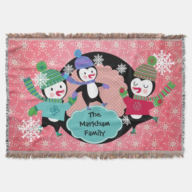 Pink Snowflakes and Dots Penguins Holiday Throw Blanket (Front)