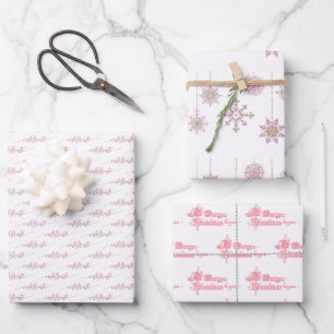 Pink Snowflakes and Holiday Script on White Wrapping Paper Sheets