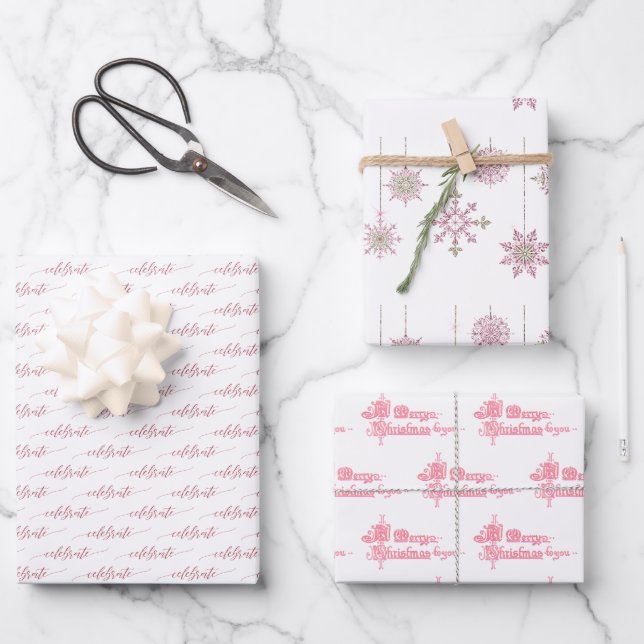 Pink Snowflakes and Holiday Script on White Wrapping Paper Sheets (Front)