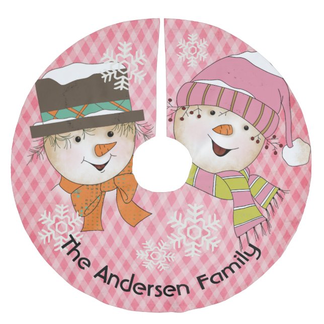 Pink Snowflakes and Snowmen Holiday Tree Skirt (Front)