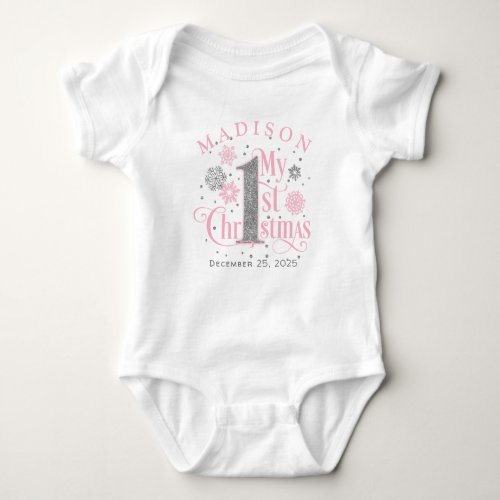 Pink Snowflakes Baby Girl First Christmas Baby Bodysuit