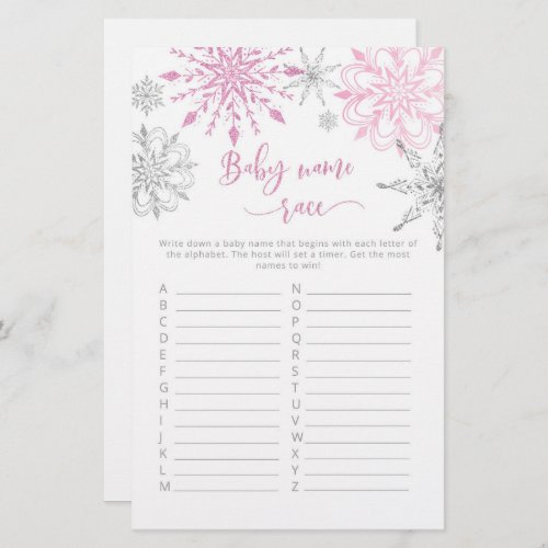 Pink snowflakes baby name race baby shower game