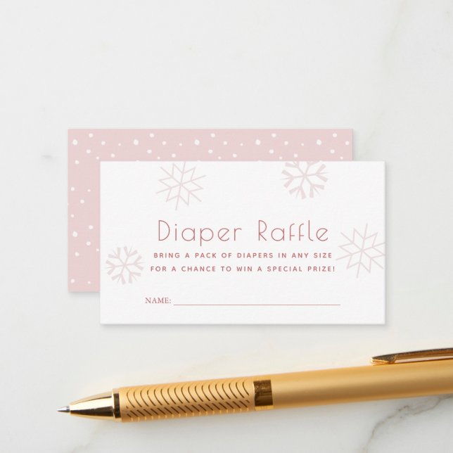 Pink Snowflakes Baby Shower Diaper Raffle Ticket Enclosure Card (Front/Back In Situ)
