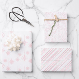 Pink Snowflakes, Berries and Stripes Christmas Wrapping Paper Sheets