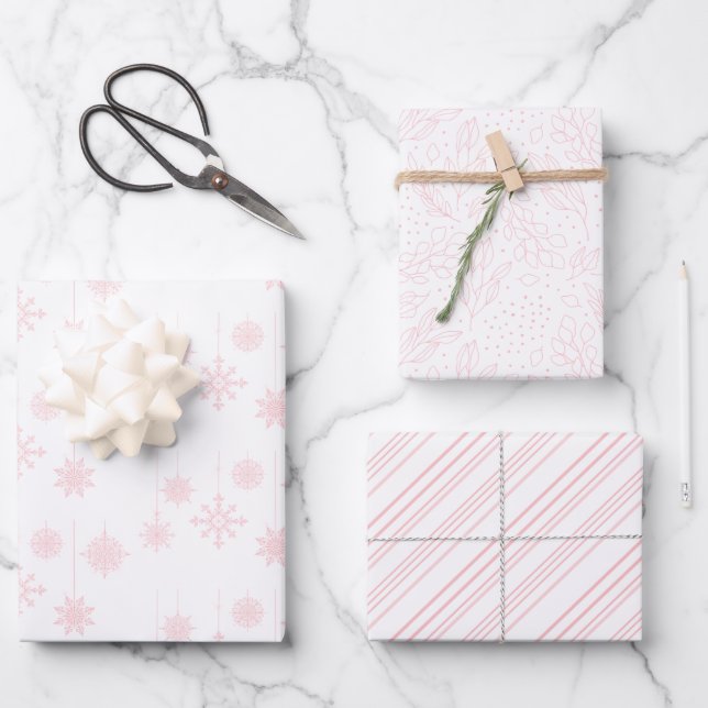 Pink Snowflakes, Berries and Stripes Christmas Wrapping Paper Sheets (Front)