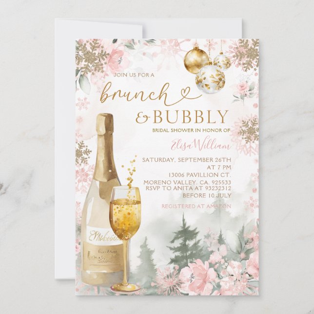 Pink Snowflakes Brunch and Bubbly Champagne  Invitation (Front)