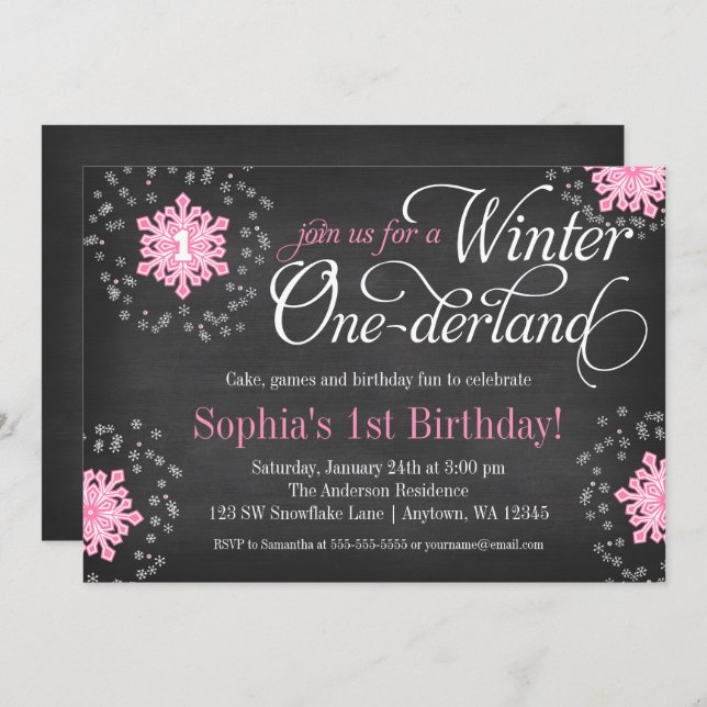 Pink Snowflakes Chalkboard Winter Onederland Invitation (Front/Back)