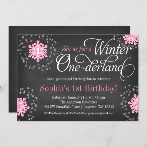 Pink Snowflakes Chalkboard Winter Onederland Invitation