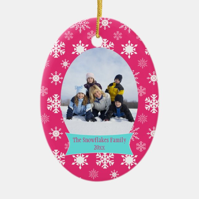 Pink snowflakes Christmas holiday photo ornament (Front)