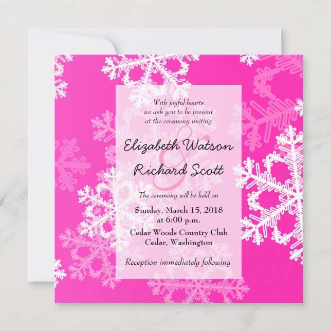Pink Snowflakes Christmas wedding invitation (Front)