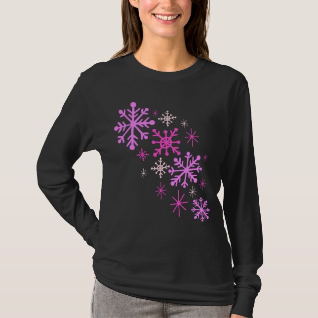 Pink Snowflakes Christmas Winter T-Shirt (Front)