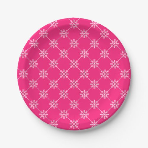 Pink Snowflakes Diagonal Square Pattern Paper Plates