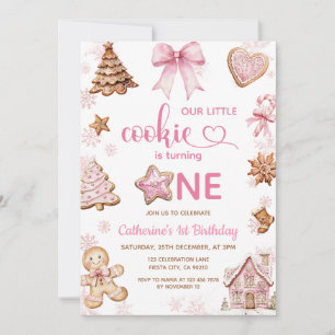 Pink Snowflakes Gingerbread Christmas 1st Birthday Invitation