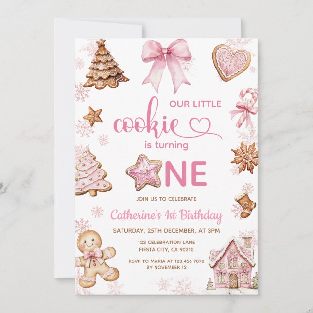 Pink Snowflakes Gingerbread Christmas 1st Birthday Invitation (Front)