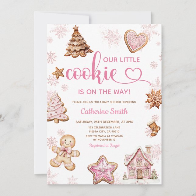 Pink Snowflakes Gingerbread Christmas Baby Shower Invitation (Front)