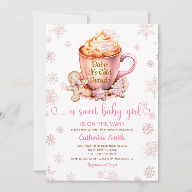 Pink Snowflakes Gingerbread Christmas Baby Shower Invitation (Front)