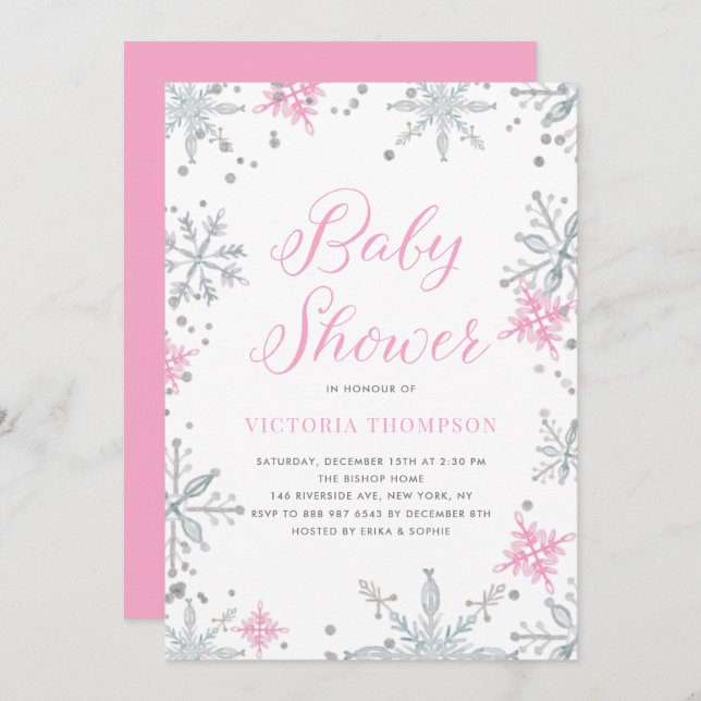 Pink Snowflakes Glitter Winter Baby Shower Invitation (Front/Back)