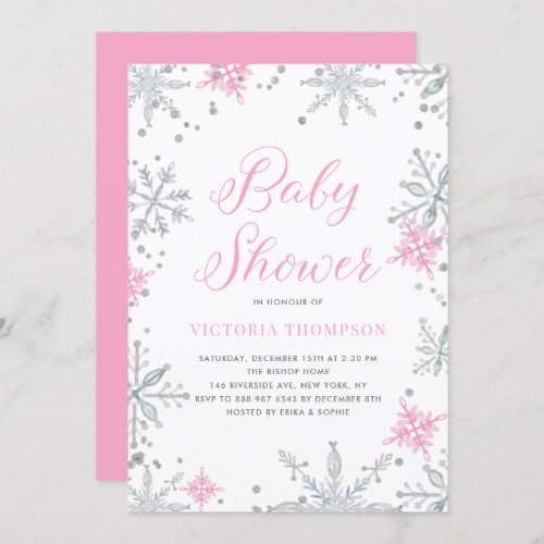 Pink Snowflakes Glitter Winter Baby Shower Invitation