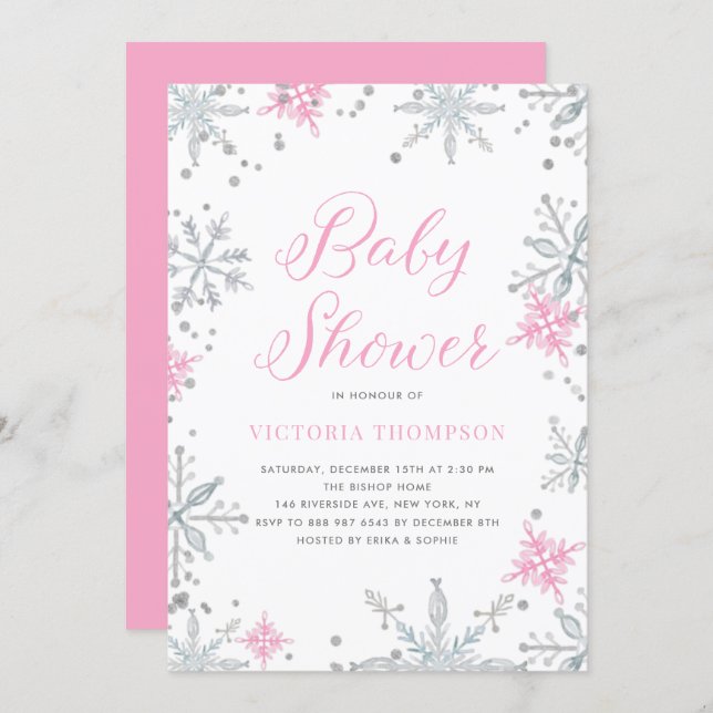 Pink Snowflakes Glitter Winter Baby Shower Invitation (Front/Back)