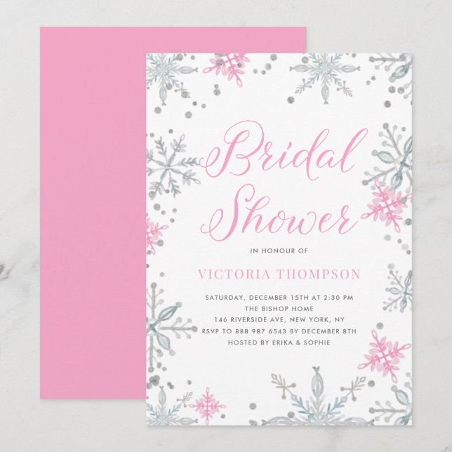 Pink Snowflakes Glitter Winter Bridal Shower Invitation (Front/Back)
