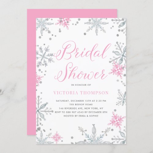 Pink Snowflakes Glitter Winter Bridal Shower Invitation