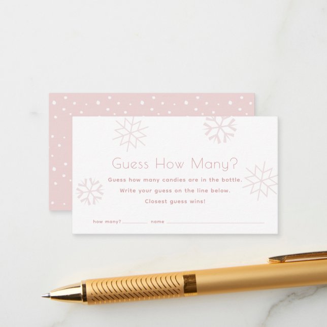 Pink Snowflakes Guess How Many Baby Shower Game Enclosure Card (Front/Back In Situ)