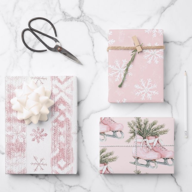 Pink Snowflakes Ice Skates Christmas  Wrapping Paper Sheets (Front)