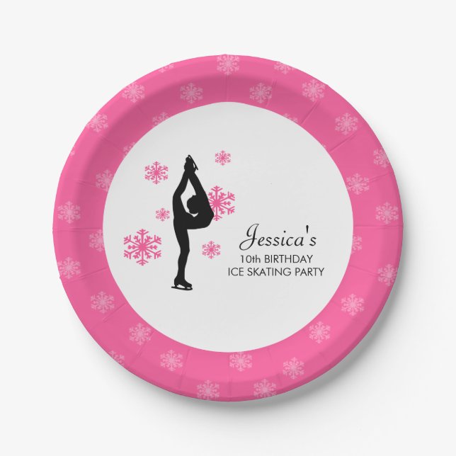 Pink Snowflakes Ice Skating Birthday Party Paper Plates (Front)