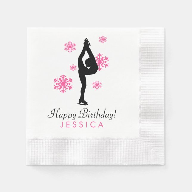 Pink Snowflakes Ice Skating Party Paper Napkins (Front)