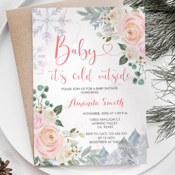 Pink Snowflakes It's Cold Outside Baby Shower Invitation by HappyPartyStudio at Zazzle