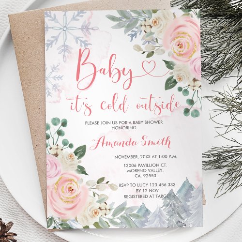 Pink Snowflakes Its Cold Outside Baby Shower Invitation