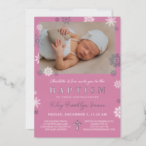 Pink Snowflakes Photo Winter Baptism Silver Foil Invitation