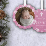 Pink Snowflakes Photo Winter Baptism Thank You Ornament Card<br><div class="desc">Beautiful winter baptism thank you ornaments in pink with snowflakes,  a white cross,  and a photo of your baby.</div>